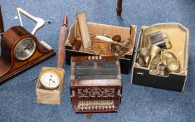 Box of Collectibles including a wooden mantle clock, vintage parasol, assorted brass and copper,