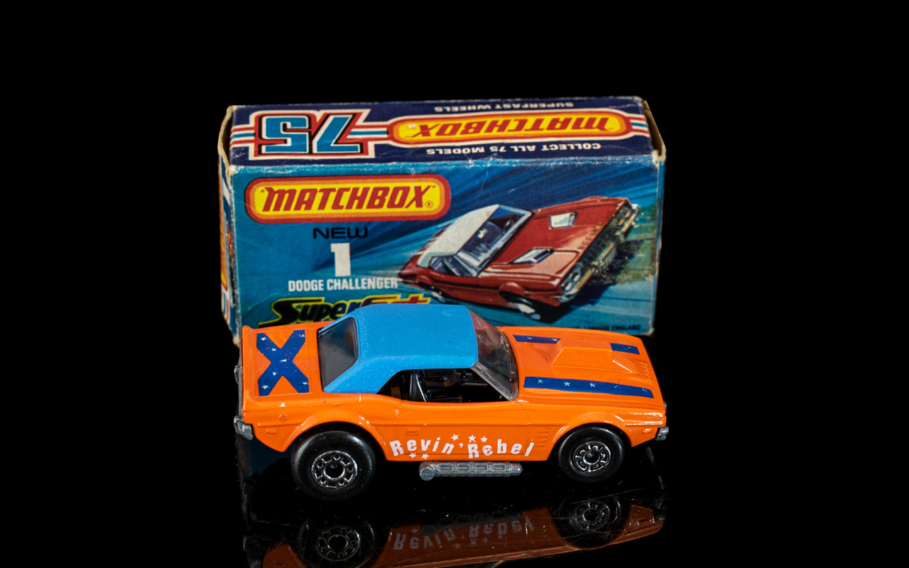 Matchbox Super fast Wheels No 1 Dodge Challenger Diecast Model Car, Orange and Blue Top Colourway.