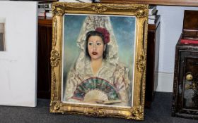 Large Oil on Canvas depicting a Spanish Senorita in traditional dress. Framed in an ornate gilt