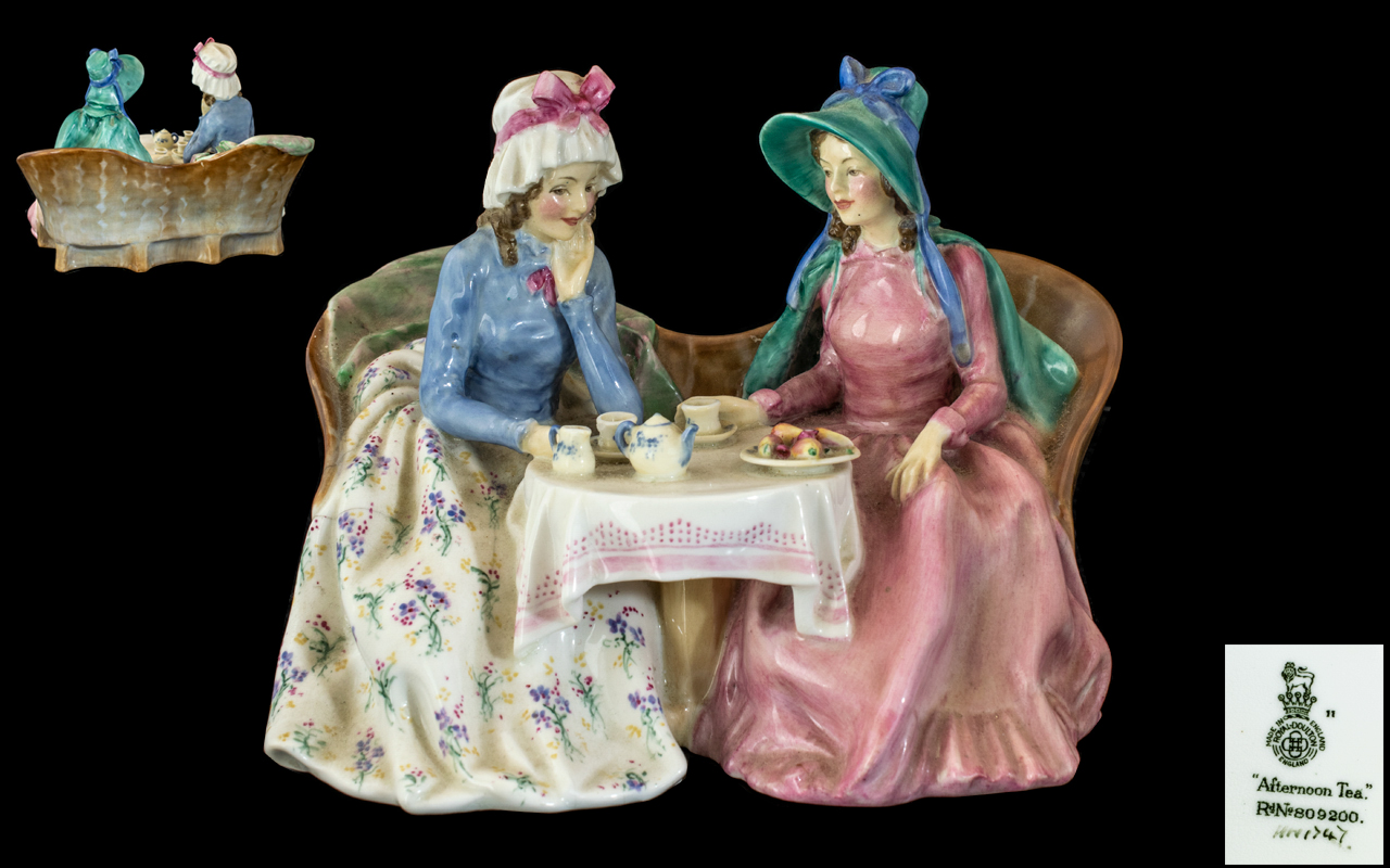 Royal Doulton - Early Hand Painted Porcelain Figure Group ' Afternoon Tea ' Pink and Blue Colour