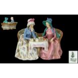 Royal Doulton - Early Hand Painted Porcelain Figure Group ' Afternoon Tea ' Pink and Blue Colour
