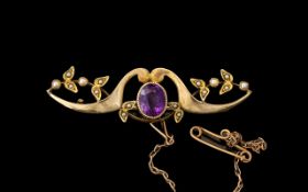 Antique Period - Attractive 15ct Gold Amethyst and Seed Pearl Set Brooch with Safety Chain. c.1900.