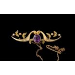 Antique Period - Attractive 15ct Gold Amethyst and Seed Pearl Set Brooch with Safety Chain. c.1900.