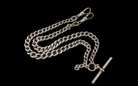 Antique Period Sterling Silver - Double Albert Watch Chain with T-Bar and Clasps.