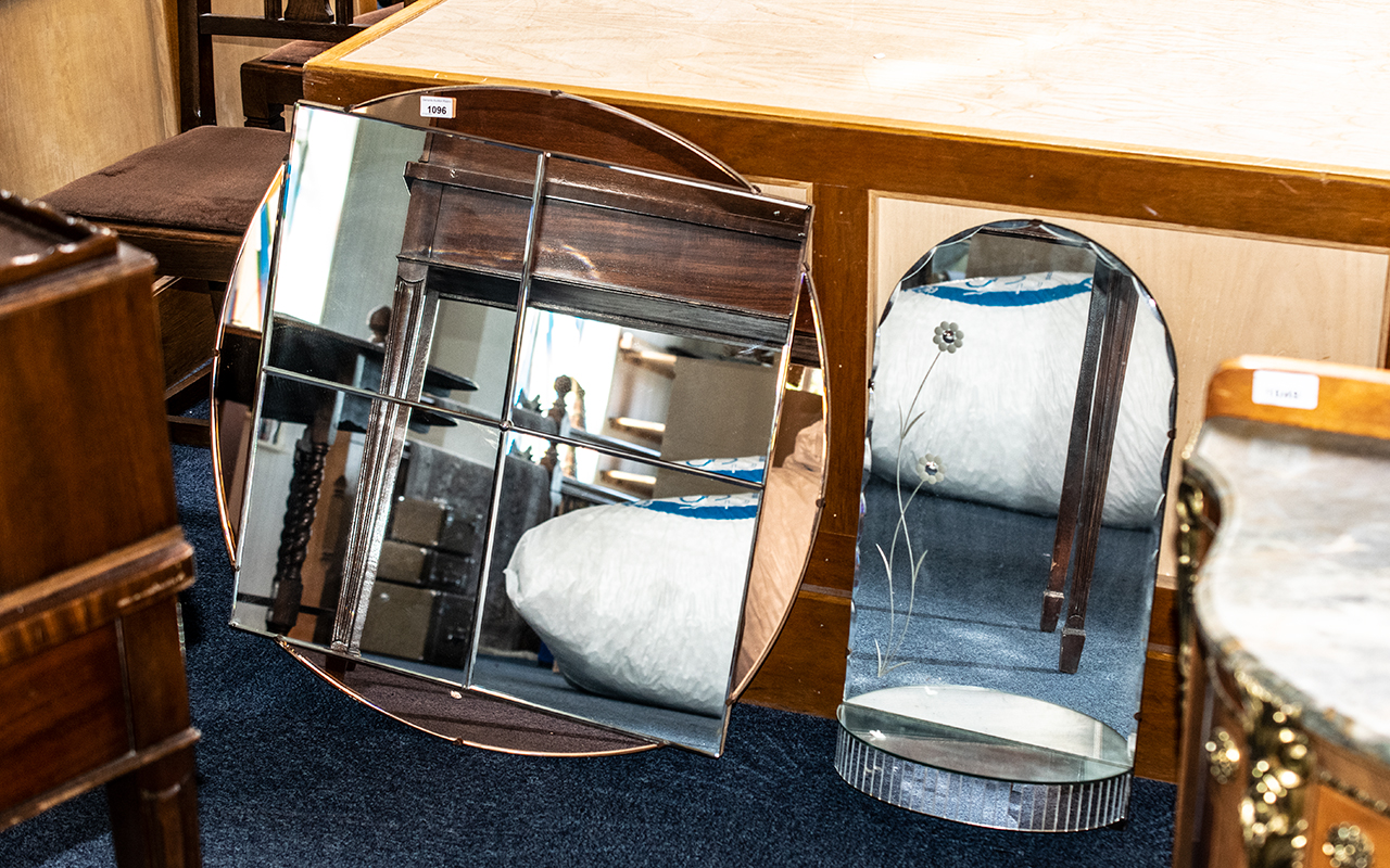 Two Art Deco Mirrors, one with four square mirror tiles in the centre and a circular mirrored outer,