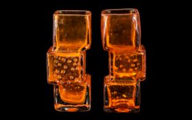 Pair of Whitefriars Tangerine Glass Vases 'Drunken Bricklayer'. Whitefriars Pattern No.