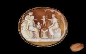 Antique Period - Superb Quality 9ct Gold Framed Shell Cameo Brooch of Large Proportions.