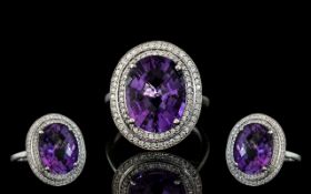 Stunning Platinum Diamond and Amethyst Set Dress Ring. Marked 950 to Interior of Shank - Platinum.