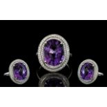 Stunning Platinum Diamond and Amethyst Set Dress Ring. Marked 950 to Interior of Shank - Platinum.