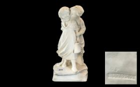 White Porcelain Figure Of a Boy & Girl, 13" tall, raised on a square plinth.