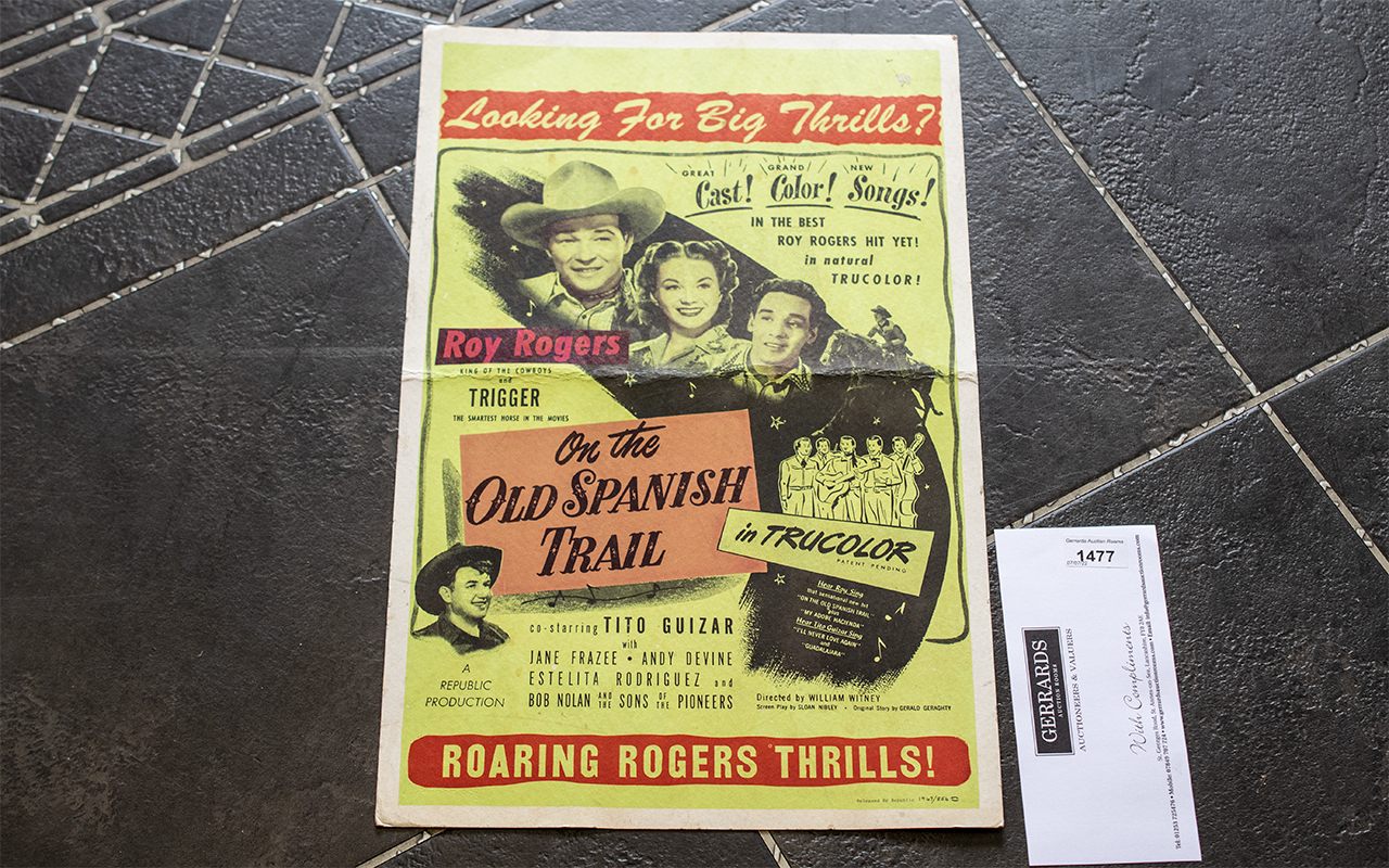 Roy Rogers Film Poster - Card, 1950's On the Old Spanish Trail, Size 21 x 14 Inches,