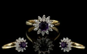 18ct Gold Diamond and Amethyst Cluster central amethyst surrounded by twelve round modern brilliant