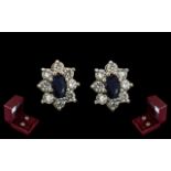 Ladies Fine Pair of 18ct Gold Pair of Sapphire and Diamond Set Earrings. Marked 18ct - 750.