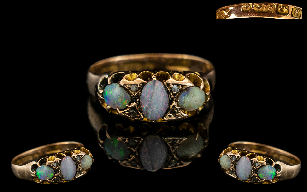 Antique Form - Attractive 9ct Gold 3 Stone Opal and Diamond Set Dress Ring, Gallery Setting.