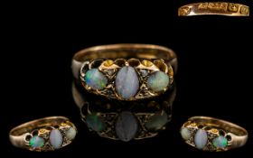 Antique Form - Attractive 9ct Gold 3 Stone Opal and Diamond Set Dress Ring, Gallery Setting.