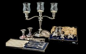 Collection of Silver Plated Ware, comprising a boxed condiment set of salt with blue glass liner,