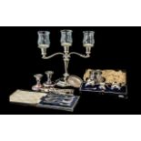 Collection of Silver Plated Ware, comprising a boxed condiment set of salt with blue glass liner,