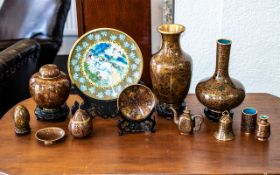 Collection of Cloisonne, including vases, ginger jars, miniatures, etc. Tallest vase 10".