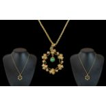 Antique Attractive 9ct Gold Seed Pearl and Turquoise Set Pendant, With Attached 9ct Gold Chain.