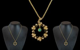Antique Attractive 9ct Gold Seed Pearl and Turquoise Set Pendant, With Attached 9ct Gold Chain.