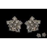 18ct White Gold - Contemporary and Modern Designed Pair of Diamond Set Earrings of Large
