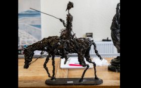 Metal Sculpted Don Quixote Horse & Rider Figure, by P Rico, depicts a horse with a rider with a