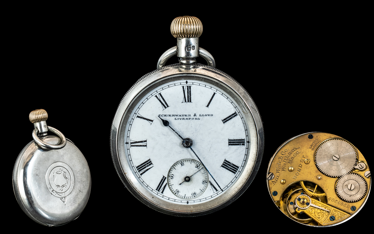 American Watch Co Waltham Superior Open Faced Sterling Silver Key-less Pocket Watch.
