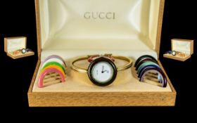 Gucci - 1100 Vintage Ladies 18ct Gold Plated Watch with Collection of Multi-Coloured Bezels,