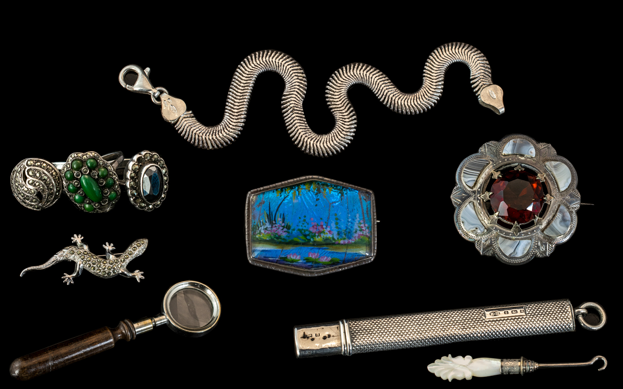 A Collection Of Silver Items (10) Comprising, Sterling Silver Snake Bracelet,