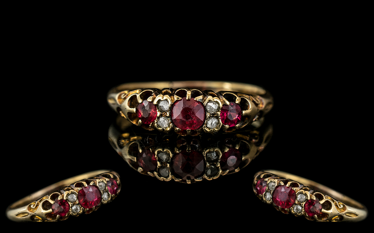 Antique Period - Attractive 18ct Gold Ruby & Diamond Set Ring, gallery setting,