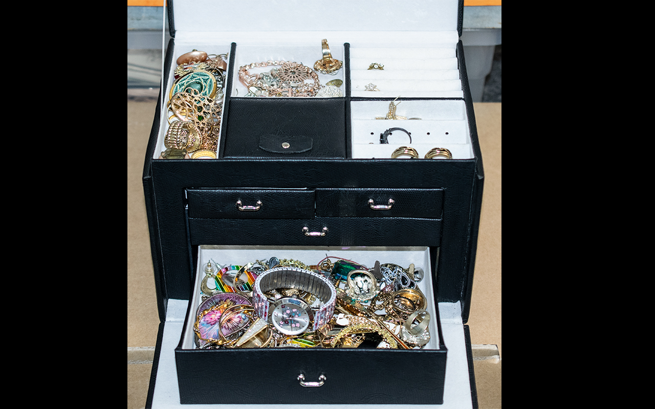 Black Jewellery Box Containing a Quantity of Costume Jewellery, including rings, earrings,