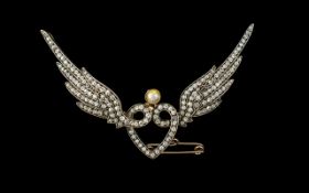 Late Victorian Period - Stunning 15ct Gold Eros Winged Heart Shaped Diamond Set Brooch with Safety