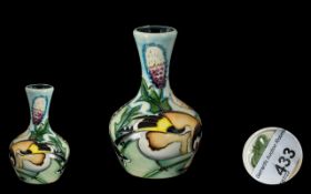 Small Moorcroft Vase, Swallow & Thistle Vase, 4.25" tall. Full Moorcroft marks to base.