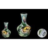 Small Moorcroft Vase, Swallow & Thistle Vase, 4.25" tall. Full Moorcroft marks to base.