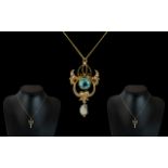 Antique Period - Attractive Fancy 15ct Gold Aquamarine and Seed Pearl Set Pendant / Brooch,