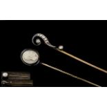 Antique Period - 9ct Gold Stick Pins ( 2 ) One In the Form of a Shepherds Staff Set with Diamonds,