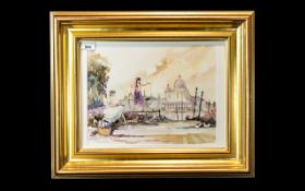 Watercolour by Peter Shackleton depicting two ladies in the foreground of the Grand Canal, Venice.