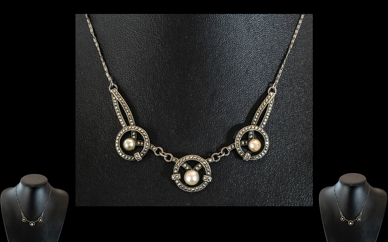1920's Marcasite Necklace, lovely design of three ring shaped marcasite circles with central pearls,