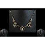 1920's Marcasite Necklace, lovely design of three ring shaped marcasite circles with central pearls,