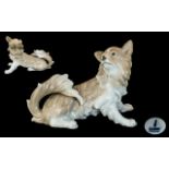 Lladro - Large Size Hand Painted Porcelain Dog Figure ( Rare ) ' Papillon ' Dog. Issued 1974 - 1979.