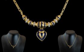 18ct Gold Attractive - Ladies Diamond and Sapphire Set Necklace with Drop. Marked 750 - 18ct.