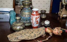 Box of Assorted Brass Ware & Pottery,