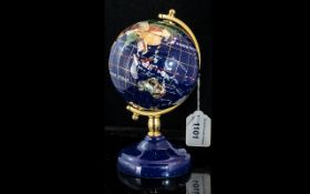 Natural Gemstone Green Globe Desktop by Fire & Ice Size 8" tall, Lapis Lazuli set, with brass frame.