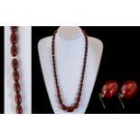 Fine Quality 1920's Graduated Cherry Amber Beaded Long Necklace with Matching Pair of Earrings.
