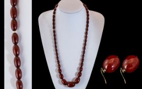 Fine Quality 1920's Graduated Cherry Amber Beaded Long Necklace with Matching Pair of Earrings.