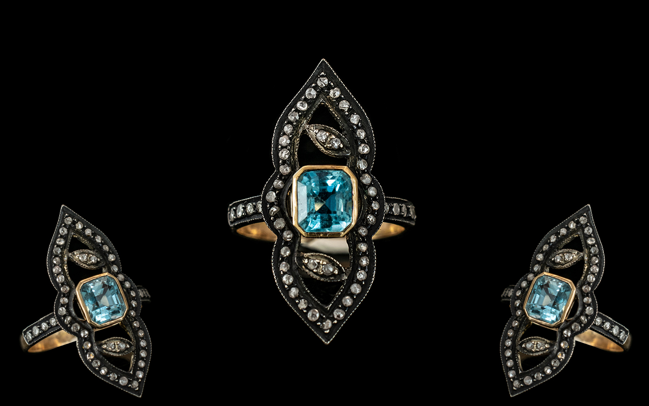 Antique Period 1837 - 1901 Early 9ct Gold Diamond and Aquamarine Set Dress Ring.