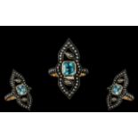 Antique Period 1837 - 1901 Early 9ct Gold Diamond and Aquamarine Set Dress Ring.