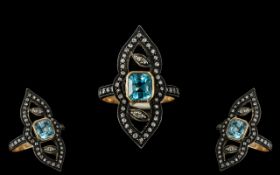 Antique Period 1837 - 1901 Early 9ct Gold Diamond and Aquamarine Set Dress Ring.