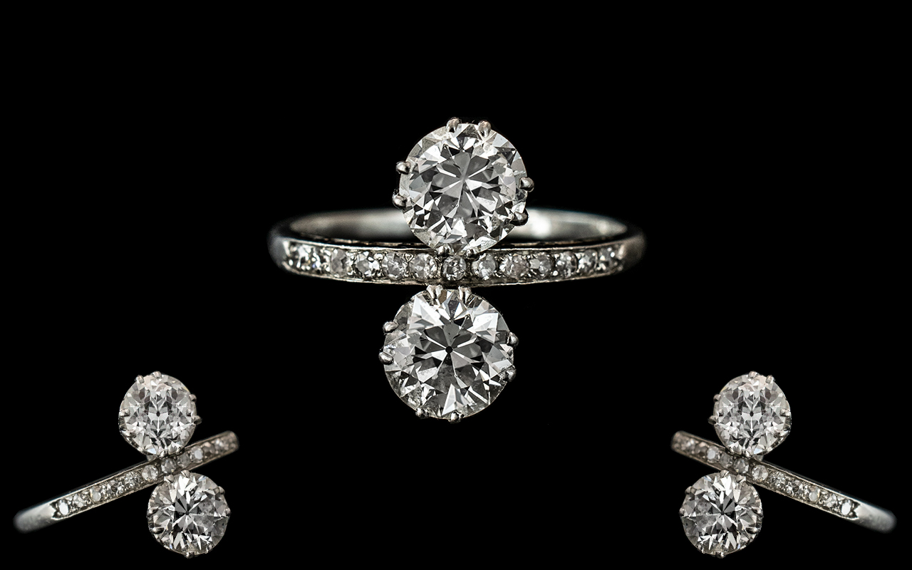 Ladies Superb 1920's 18ct White Gold - Two Stone Diamond Set Ring.