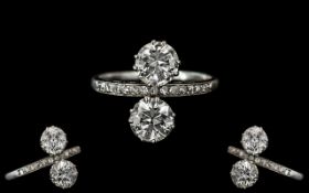 Ladies Superb 1920's 18ct White Gold - Two Stone Diamond Set Ring.